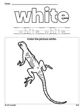 Free lizard color white coloring page and color worksheet, white worksheet for preschoolers to learn colors, printable PDF