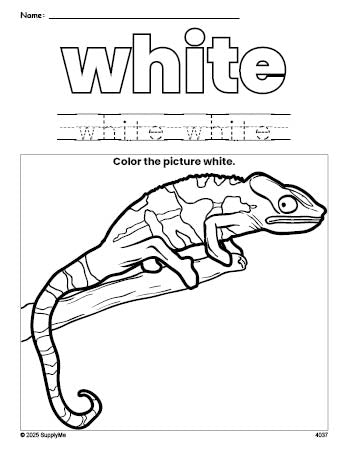 Free lizard color white coloring page and color worksheet, white worksheet for preschoolers to learn colors, printable PDF