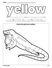 Free lizard color yellow coloring page and color worksheet, yellow worksheet for preschoolers to learn colors, printable PDF