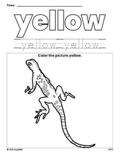 Free lizard color yellow coloring page and color worksheet, yellow worksheet for preschoolers to learn colors, printable PDF