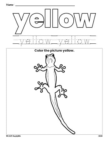 Free lizard color yellow coloring page and color worksheet, yellow worksheet for preschoolers to learn colors, printable PDF