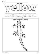 Free lizard color yellow coloring page and color worksheet, yellow worksheet for preschoolers to learn colors, printable PDF