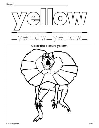 Free lizard color yellow coloring page and color worksheet, yellow worksheet for preschoolers to learn colors, printable PDF