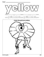 Free lizard color yellow coloring page and color worksheet, yellow worksheet for preschoolers to learn colors, printable PDF