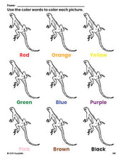 Free lizard coloring page and color worksheet for preschoolers to learn colors, printable PDF