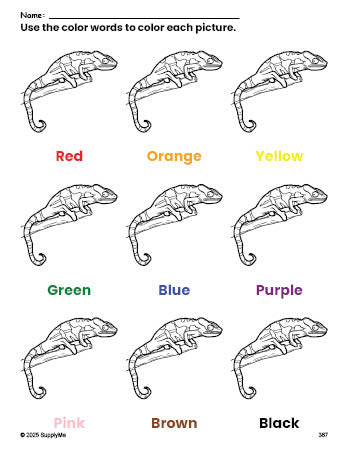 Free lizard coloring page and color worksheet for preschoolers to learn colors, printable PDF