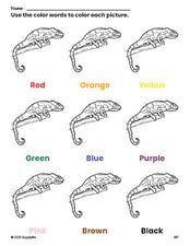 Free lizard coloring page and color worksheet for preschoolers to learn colors, printable PDF