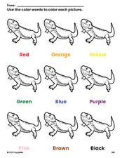 Free lizard coloring page and color worksheet for preschoolers to learn colors, printable PDF