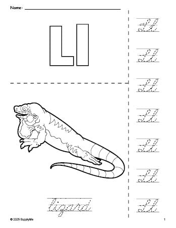 Free printable lizard coloring page and cursive letter tracing worksheet, letter l worksheet for preschool, pre-k, and kindergarten, PDF