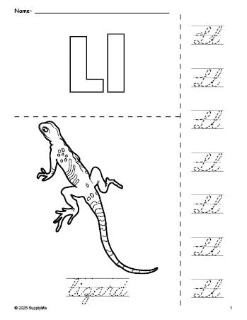 Free printable lizard coloring page and cursive letter tracing worksheet, letter l worksheet for preschool, pre-k, and kindergarten, PDF