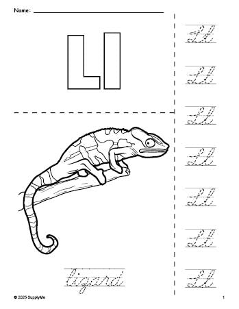 Free printable lizard coloring page and cursive letter tracing worksheet, letter l worksheet for preschool, pre-k, and kindergarten, PDF