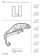 Free printable lizard coloring page and cursive letter tracing worksheet, letter l worksheet for preschool, pre-k, and kindergarten, PDF