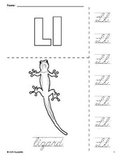 Free printable lizard coloring page and cursive letter tracing worksheet, letter l worksheet for preschool, pre-k, and kindergarten, PDF