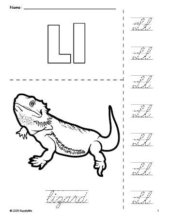 Free printable lizard coloring page and cursive letter tracing worksheet, letter l worksheet for preschool, pre-k, and kindergarten, PDF