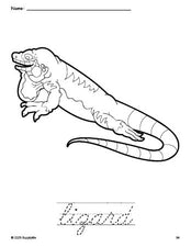 Free printable lizard coloring page and cursive word tracing worksheet, perfect for preschool, pre-k, and kindergarten, PDF