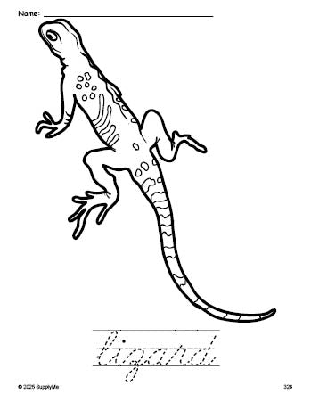 Free printable lizard coloring page and cursive word tracing worksheet, perfect for preschool, pre-k, and kindergarten, PDF