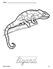 Free printable lizard coloring page and cursive word tracing worksheet, perfect for preschool, pre-k, and kindergarten, PDF