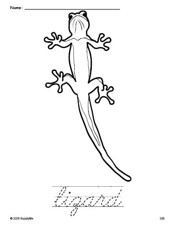 Free printable lizard coloring page and cursive word tracing worksheet, perfect for preschool, pre-k, and kindergarten, PDF