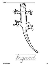 Free printable lizard coloring page and cursive word tracing worksheet, perfect for preschool, pre-k, and kindergarten, PDF