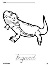 Free printable lizard coloring page and cursive word tracing worksheet, perfect for preschool, pre-k, and kindergarten, PDF