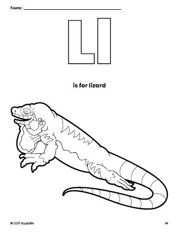 Free printable lizard coloring page, letter l coloring page for preschool, pre-k, and kindergarten, PDF