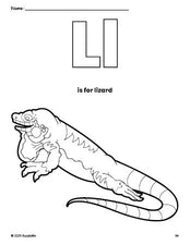 Free printable lizard coloring page, letter l coloring page for preschool, pre-k, and kindergarten, PDF