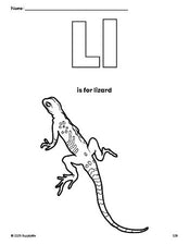 Free printable lizard coloring page, letter l coloring page for preschool, pre-k, and kindergarten, PDF