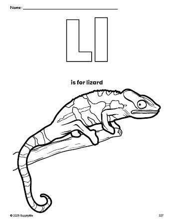 Free printable lizard coloring page, letter l coloring page for preschool, pre-k, and kindergarten, PDF