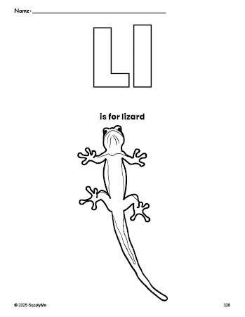 Free printable lizard coloring page, letter l coloring page for preschool, pre-k, and kindergarten, PDF