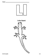 Free printable lizard coloring page, letter l coloring page for preschool, pre-k, and kindergarten, PDF