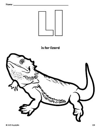 Free printable lizard coloring page, letter l coloring page for preschool, pre-k, and kindergarten, PDF