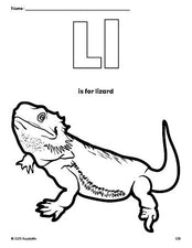 Free printable lizard coloring page, letter l coloring page for preschool, pre-k, and kindergarten, PDF