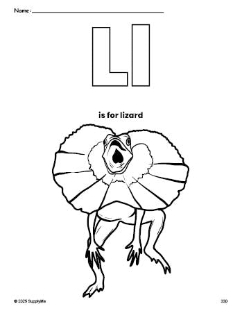 Free printable lizard coloring page, letter l coloring page for preschool, pre-k, and kindergarten, PDF