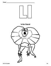 Free printable lizard coloring page, letter l coloring page for preschool, pre-k, and kindergarten, PDF