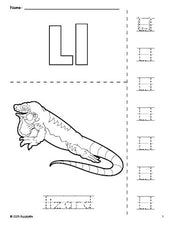 Free printable lizard coloring page and letter tracing worksheet, letter l worksheet for preschool, pre-k, and kindergarten, PDF