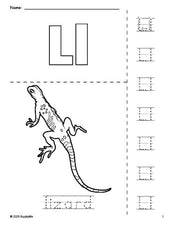 Free printable lizard coloring page and letter tracing worksheet, letter l worksheet for preschool, pre-k, and kindergarten, PDF