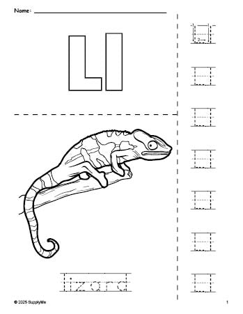 Free printable lizard coloring page and letter tracing worksheet, letter l worksheet for preschool, pre-k, and kindergarten, PDF