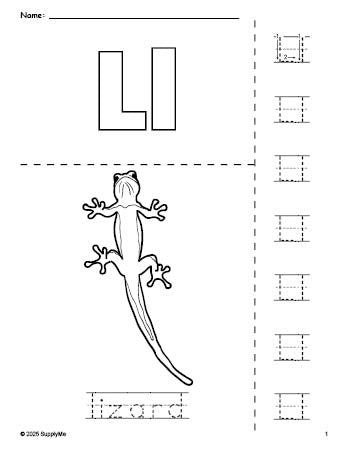 Free printable lizard coloring page and letter tracing worksheet, letter l worksheet for preschool, pre-k, and kindergarten, PDF