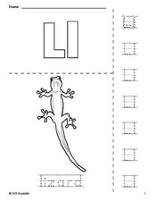 Free printable lizard coloring page and letter tracing worksheet, letter l worksheet for preschool, pre-k, and kindergarten, PDF