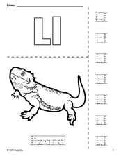 Free printable lizard coloring page and letter tracing worksheet, letter l worksheet for preschool, pre-k, and kindergarten, PDF