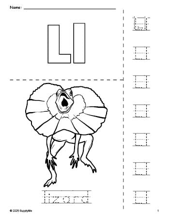 Free printable lizard coloring page and letter tracing worksheet, letter l worksheet for preschool, pre-k, and kindergarten, PDF