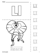 Free printable lizard coloring page and letter tracing worksheet, letter l worksheet for preschool, pre-k, and kindergarten, PDF