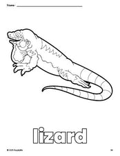 Free printable lizard coloring page for preschool, pre-k, and kindergarten, PDF