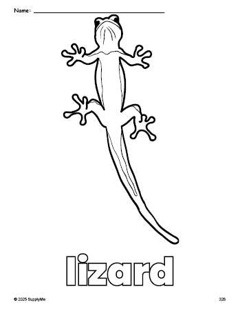 Free printable lizard coloring page for preschool, pre-k, and kindergarten, PDF