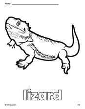 Free printable lizard coloring page for preschool, pre-k, and kindergarten, PDF