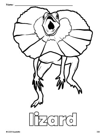 Free printable lizard coloring page for preschool, pre-k, and kindergarten, PDF