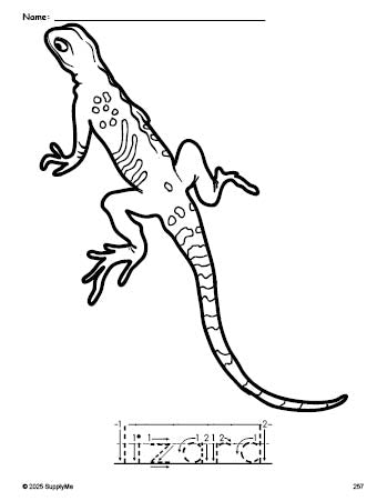 Free printable lizard coloring page and word tracing worksheet, letter formation guides, perfect for preschool, pre-k, and kindergarten, PDF