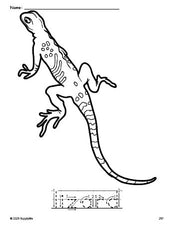 Free printable lizard coloring page and word tracing worksheet, letter formation guides, perfect for preschool, pre-k, and kindergarten, PDF