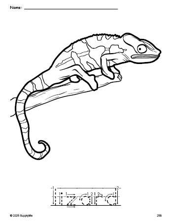 Free printable lizard coloring page and word tracing worksheet, letter formation guides, perfect for preschool, pre-k, and kindergarten, PDF