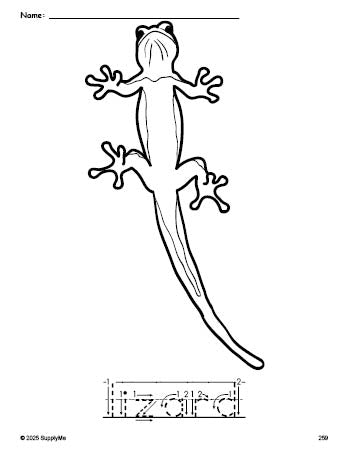 Free printable lizard coloring page and word tracing worksheet, letter formation guides, perfect for preschool, pre-k, and kindergarten, PDF